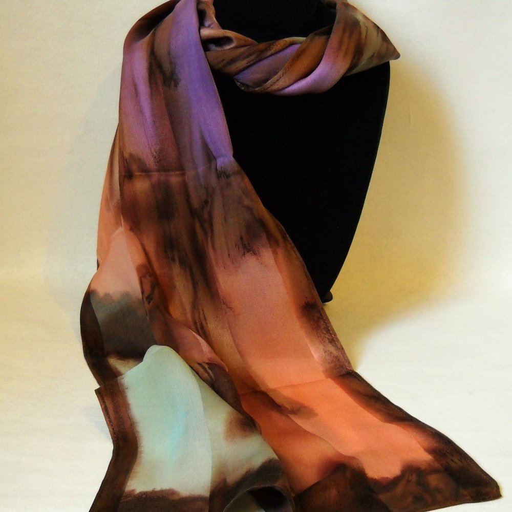 Hand Painted Silk Scarf Green Peach Orange Purple